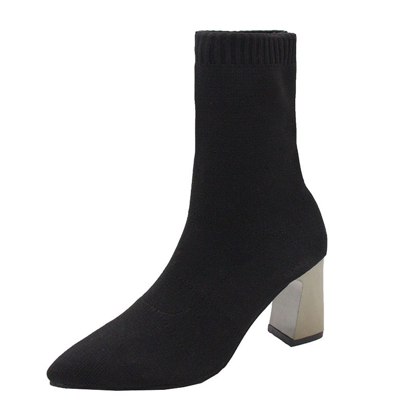 Women's black ankle boots - warm, comfortable, and stylish pointed-toe heels - casual chunky heel single shoes
