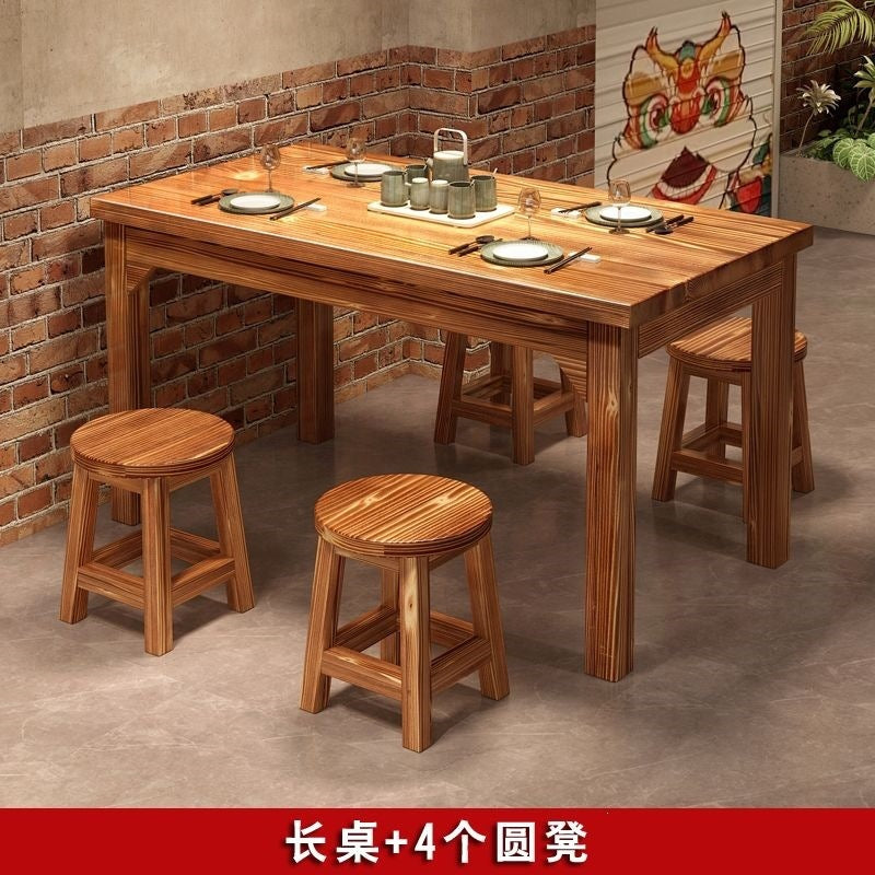 Solid wood dining table and chairs chinoiserie carbonized hot pot barbecue rectangular log dining table restaurant snack shop restaurant dining table