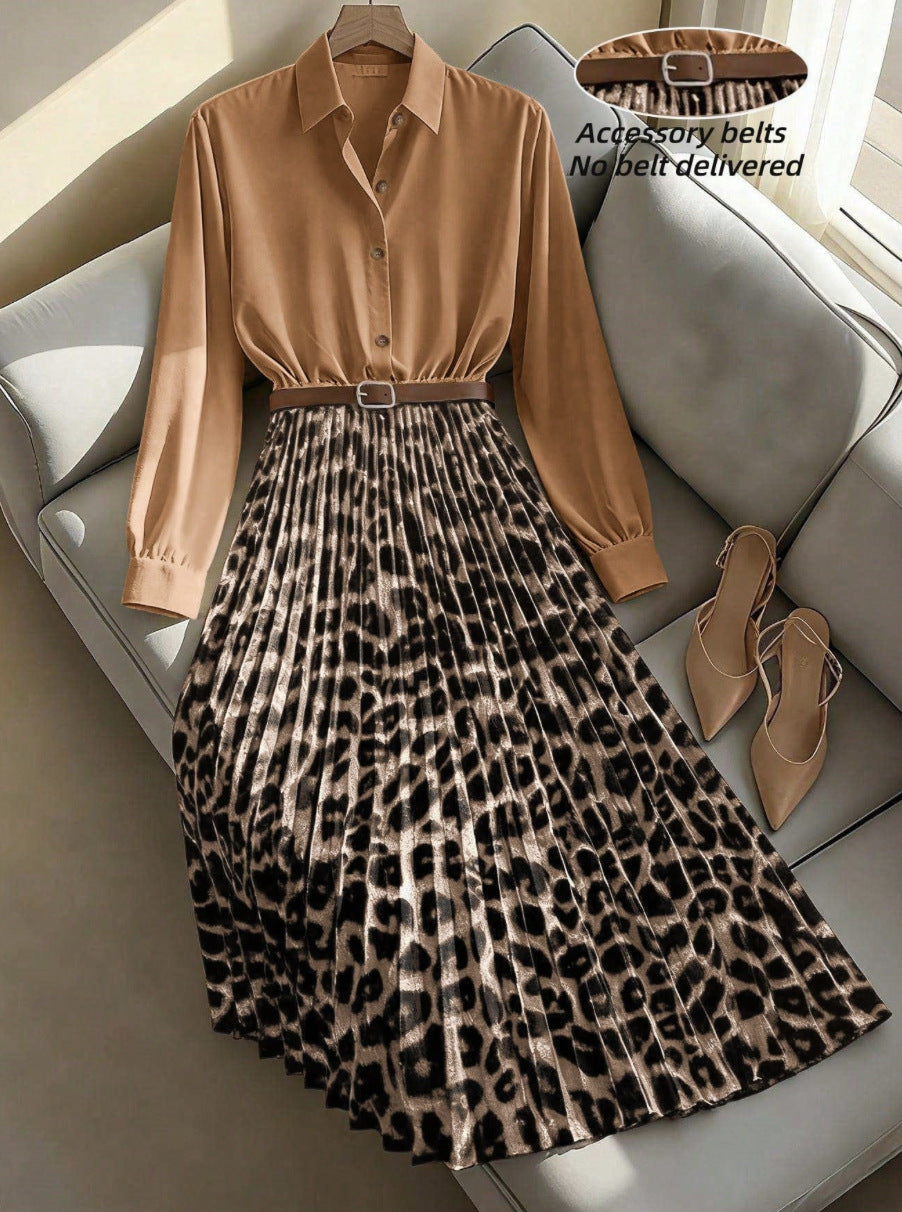 Ready-to-ship  new arrival: women's elegant leopard print patchwork pleated skirt h-line waist slimming dress - dropshipping available