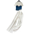 Casual outfit set for women: summer designer denim patchwork short-sleeve top and high-waisted wide-leg straight pants set