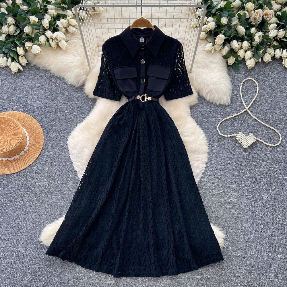 French chic black lace-trimmed dress - summer korean style short sleeve tie-waist slimming a-line maxi dress