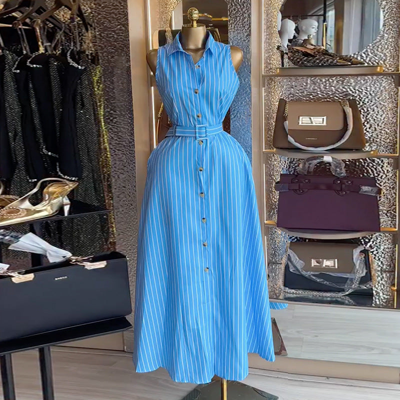 European and american style women's  autumn new collection: sweet and fresh striped turn-down collar sleeveless high-waisted slimming cardigan maxi dress