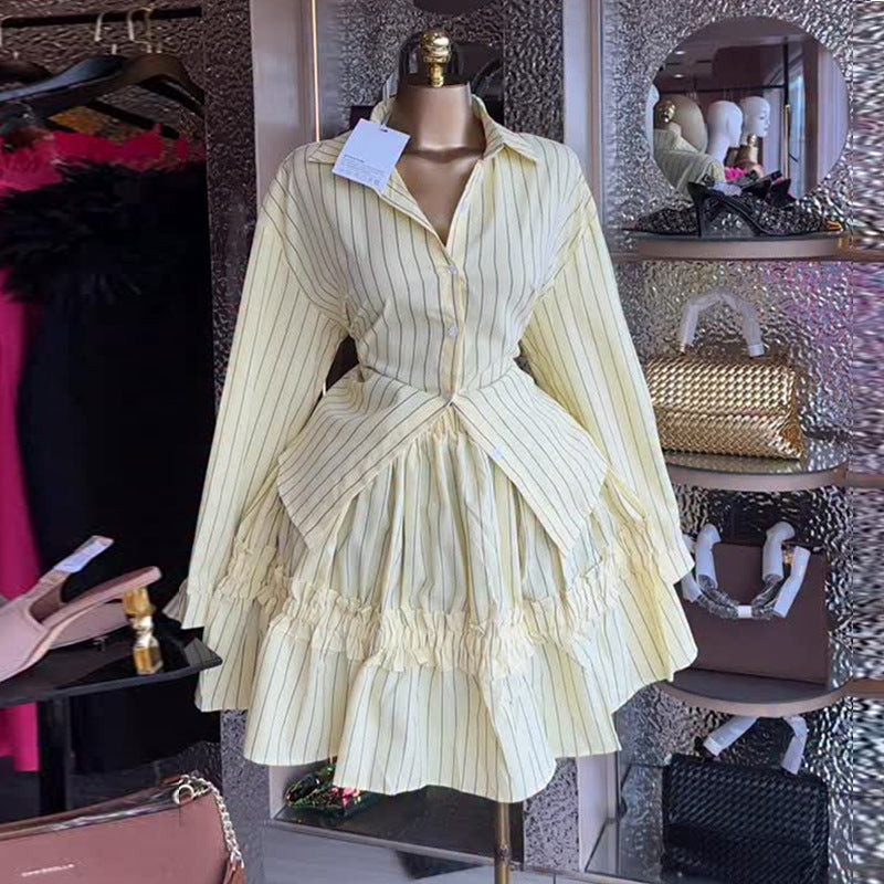 European and american women's clothing  autumn new collection: sweet and fresh striped turn-down collar long-sleeve shirt and panelled midi skirt two-piece set