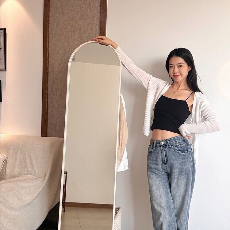 Cream style full-length mirror, rotate full-length mirror, fitting mirror, movable floor-standing clothes rack, floor mirror, all-in-one coat rack