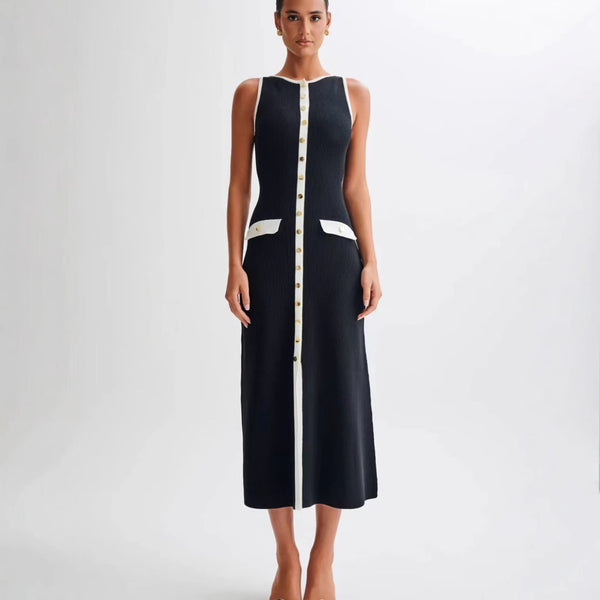 Spring New French Evening Dress Vest Long Dress Commuter Crew Neck Sleeveless Straight Slim Knitted Dress Dress