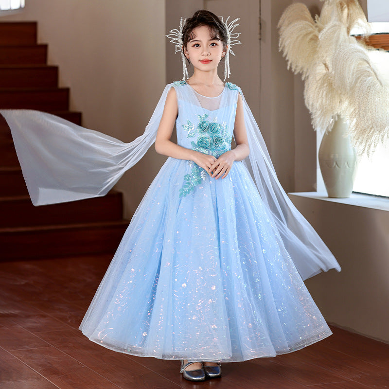 Girls' high-end formal dress  new arrival: shawl and ribbon detail, european and american style, perfect for piano recitals, banquets, and evening events. in stock for cross-border e-commerce