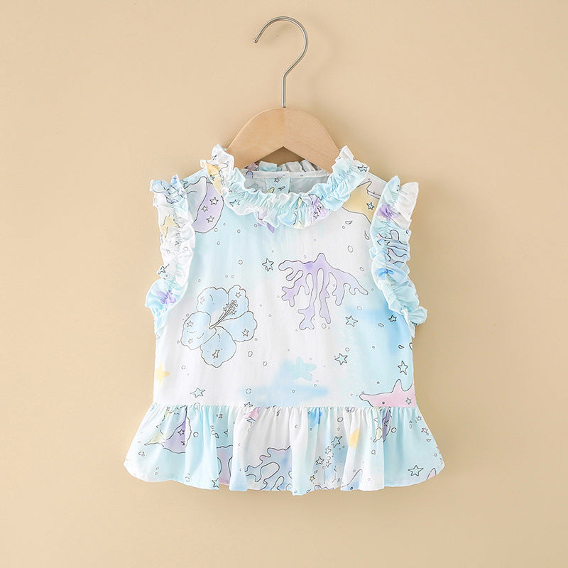 Girls' cotton rayon top - cartoon print, loose-fit, breathable, cute summer lightweight pajama set with lace trim