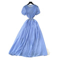 French-style heavy beaded and rhinestone embellished round neck puff sleeve dress - women's  summer cinched waist elegant pleated maxi dress