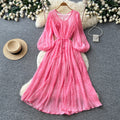 French chic lantern sleeve v-neck dress - women's summer korean style tie-waist slimming a-line maxi dress - elegant