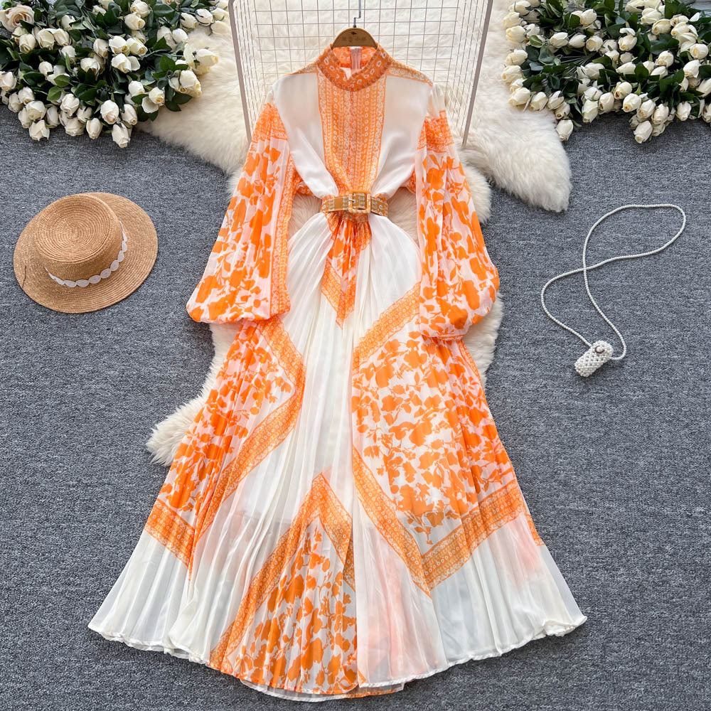 High-end elegant women's dress  new french style tie-waist lantern sleeve placement print pleated maxi dress