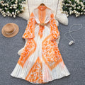 High-end elegant women's dress  new french style tie-waist lantern sleeve placement print pleated maxi dress