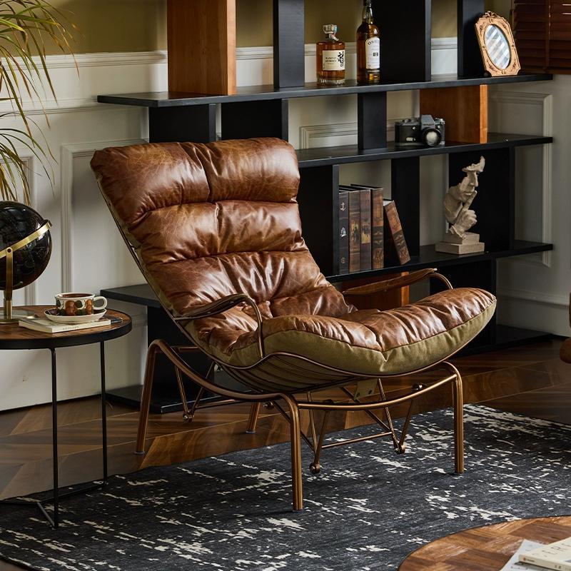 Retro genuine leather rocking chair oil wax leather lazy sofa metal accessible luxurycasual medieval style living room balcony casual lounge chair
