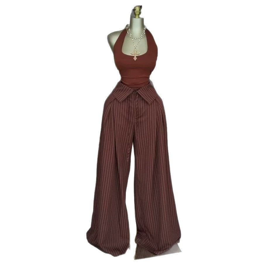 European and american cross-border women's fashion:  summer new arrivals - high-waisted, designer striped wide-leg casual pants with tie details