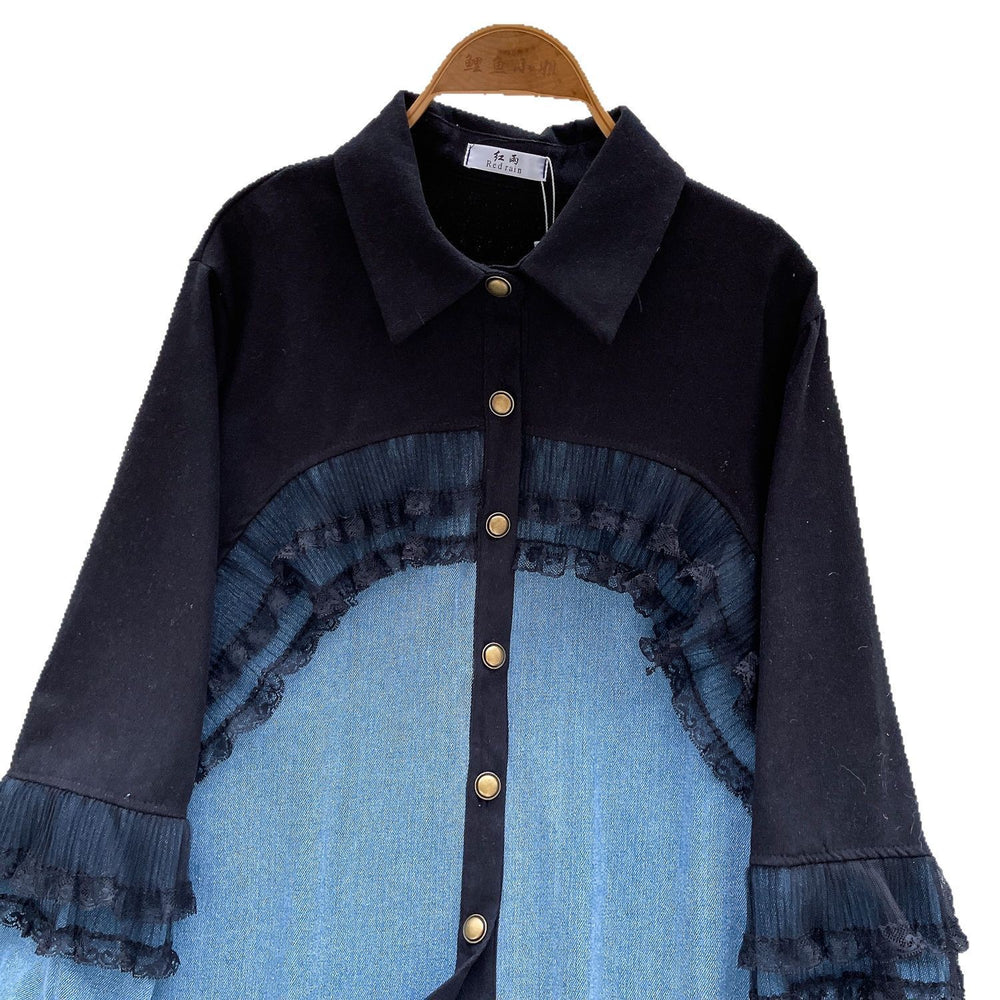 Korean ins style sense of designlacepatchworkcontrast colorlong sleeves denim shirt women's looseeasiest for match single breastedoutwear