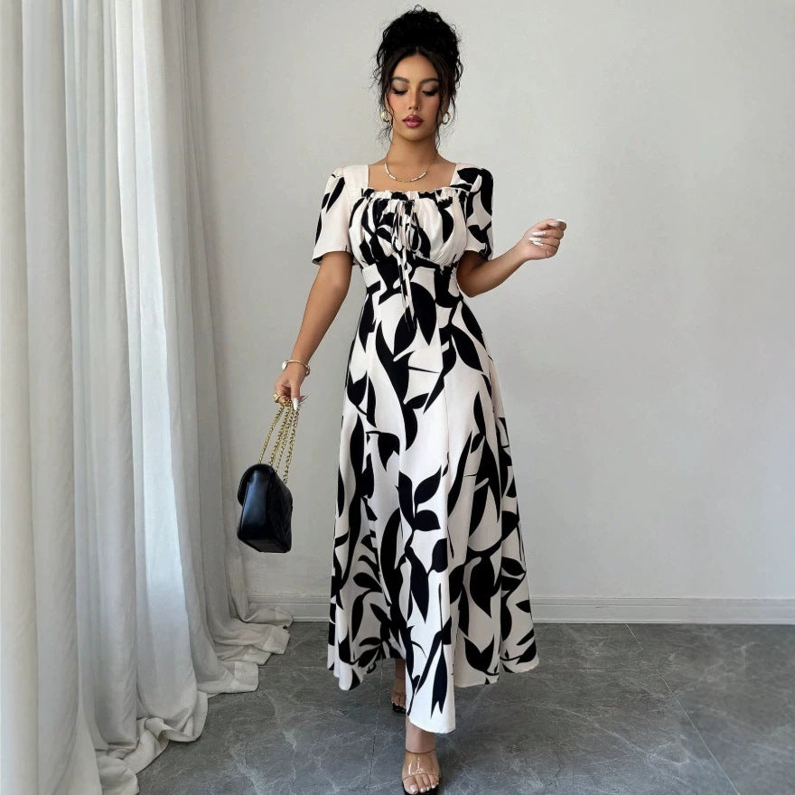 european and american new style black and white large leaf print square neck midi dress with drawstring waist and short sleeves