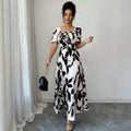 european and american new style black and white large leaf print square neck midi dress with drawstring waist and short sleeves