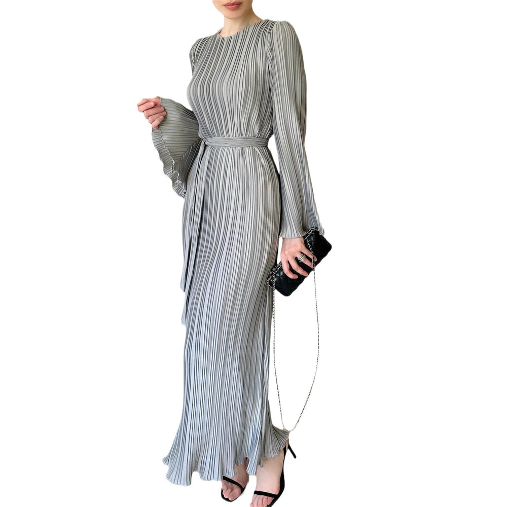 European and american cross-border women's fashion:  autumn hot-selling solid color flared sleeve round neck slim fit elegant dress