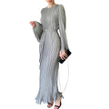 European and american cross-border women's fashion:  autumn hot-selling solid color flared sleeve round neck slim fit elegant dress