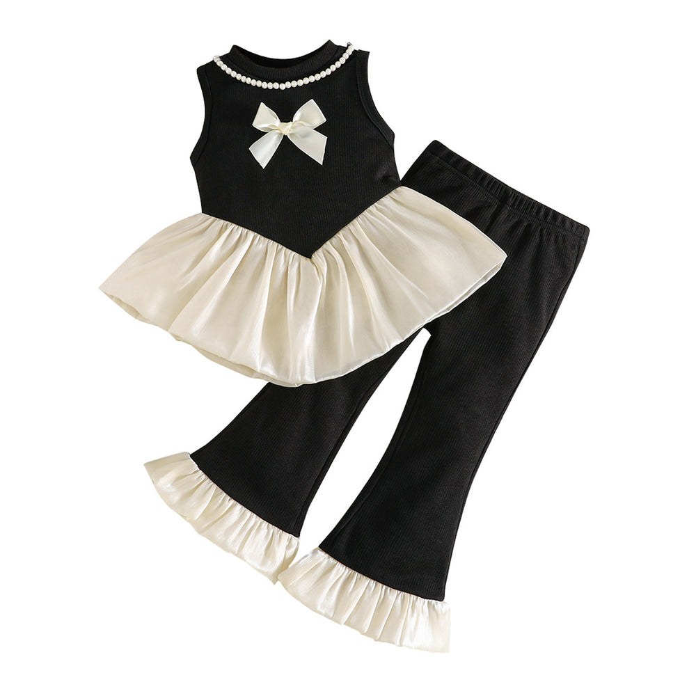 girls' chanel-inspired outfit: sleeveless bow-topped top + ruffle flare pants two-piece set (summer)