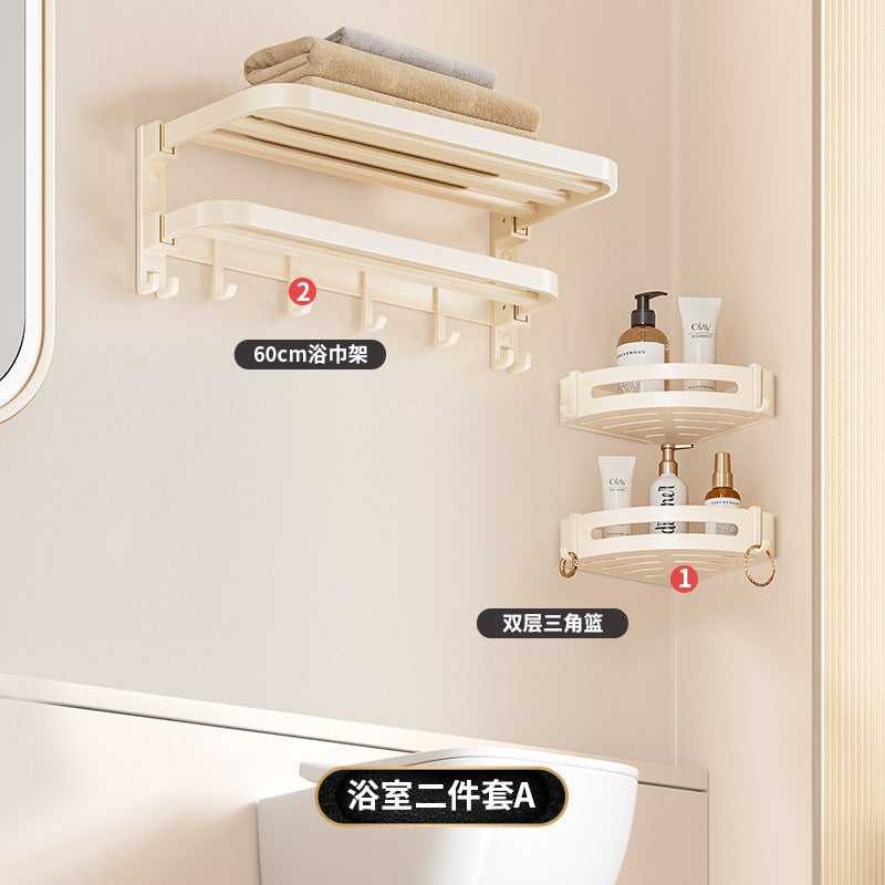 Towel rack without punching bathroom storage rack bathroom double towel bar toilet wall-mounted milky white bath towel rack