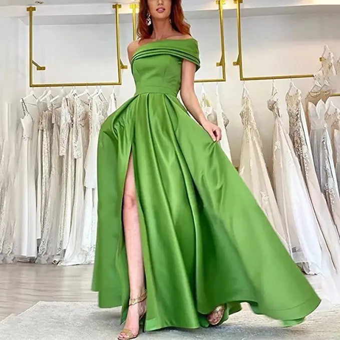 Export one-shoulder satin dress  evening dress birthday party tutu skirt green high slit sexy jumpsuit