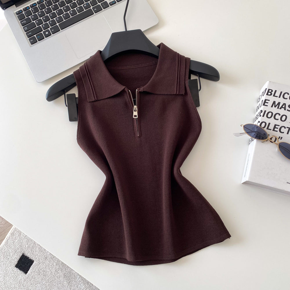 K-style lapel half-zip sleeveless knitting vest women's spring summer light mature style casualpullover knitting shirt multi-color