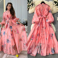 French court style dress - women's autumn  - high-end fashion, tie-waist, lantern sleeves, single-breasted long dress