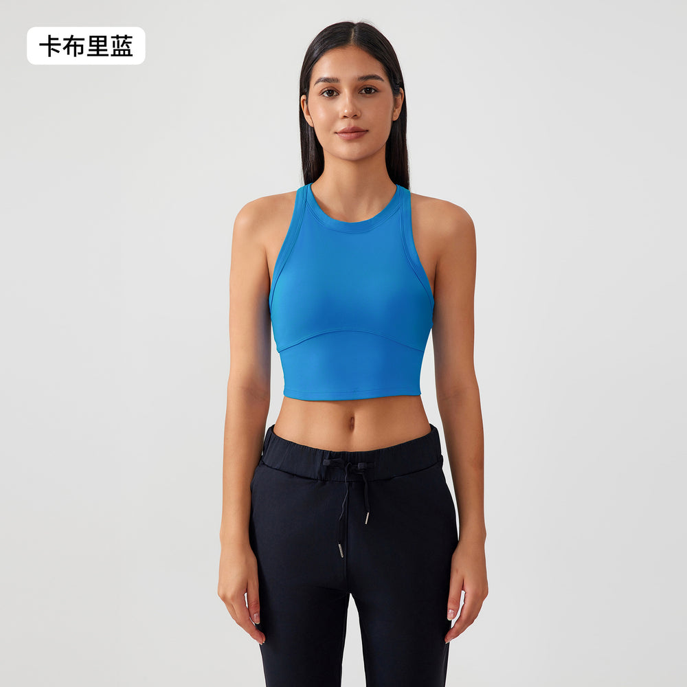 High-stretch yoga tank top for women, featuring built-in bra pads, anti-slip design, shockproof sports bra, high neckline, and side support to minimize underarm bulge. model et001