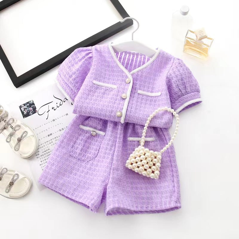 Girls' summer new arrival: casual chic chanel-inspired outfit - short sleeve top & shorts set