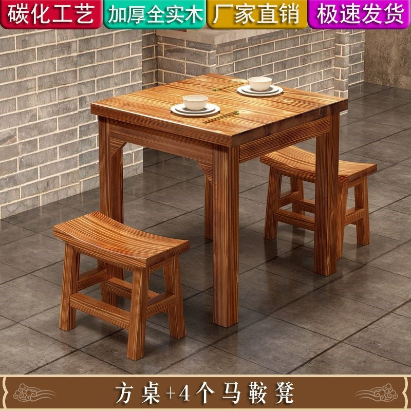 Solid wood dining table snack bar table and chair combination noodle shop hot pot restaurant canteen carbonized fast food firewood dining table