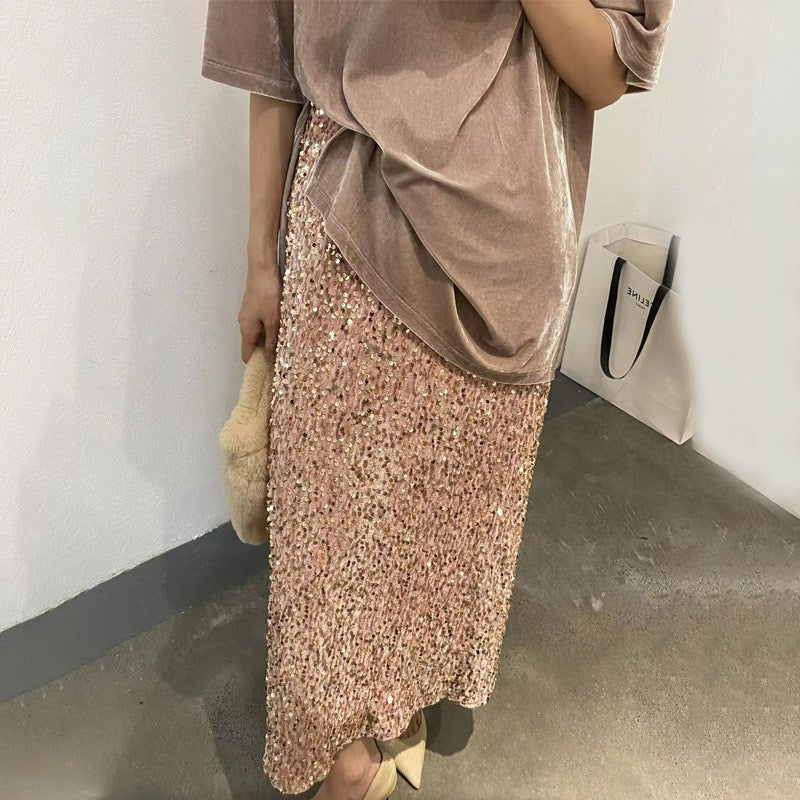 2025 european and american new fashion high-waisted slimming sequin midi skirt - women's elastic waist, back slit, stretch straight-leg long skirt