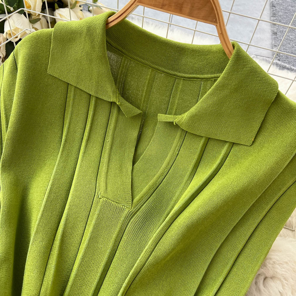 Summer dress women's tie back waist slimming lookelegantretropolo collar knitting skirt medium long sleeveless vest dress