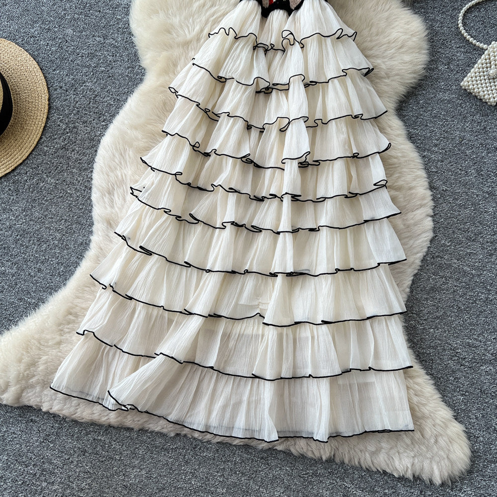 French sleeveless color block tiered cake dress - women's summer high waist slimming layered elegant maxi dress - socialite style