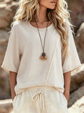 European and american style plus size off-white casual short sleeve top - round neck short sleeve patchwork loose pullover