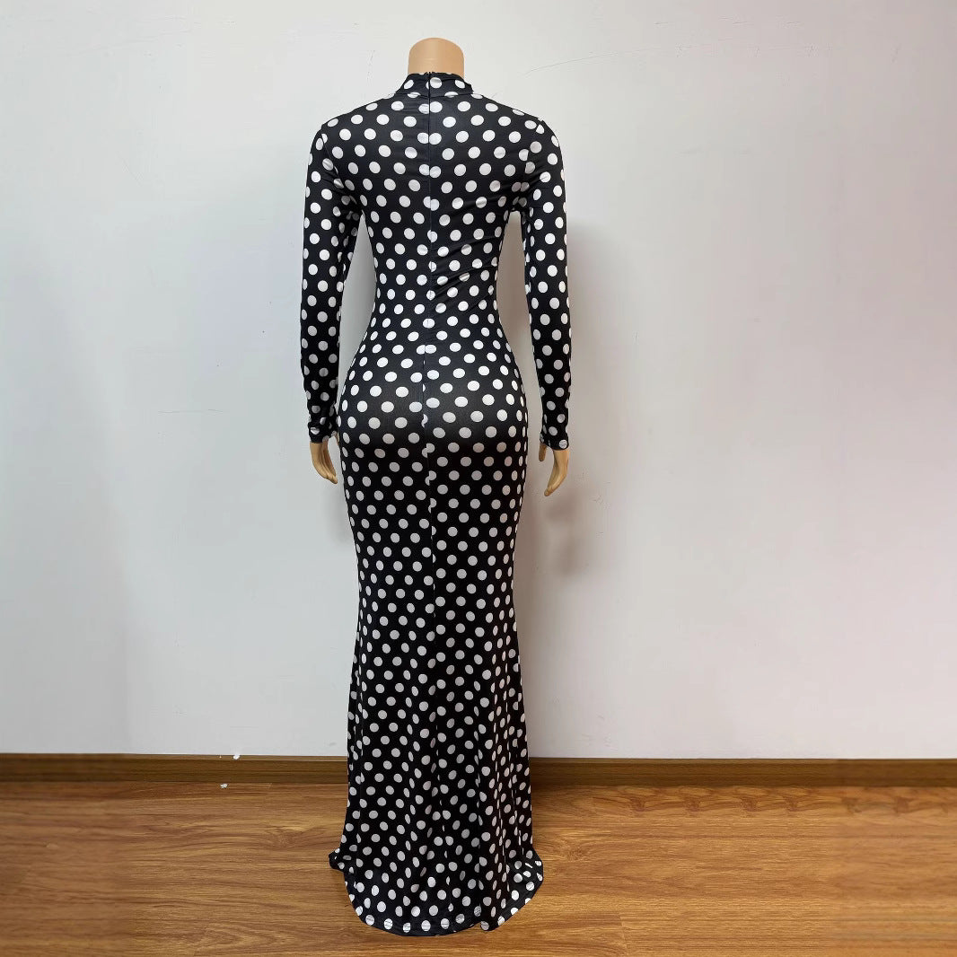 European and American new printed semi-turtleneck hollow sexy hip-wrapped long-sleeved dress polka dot long dress