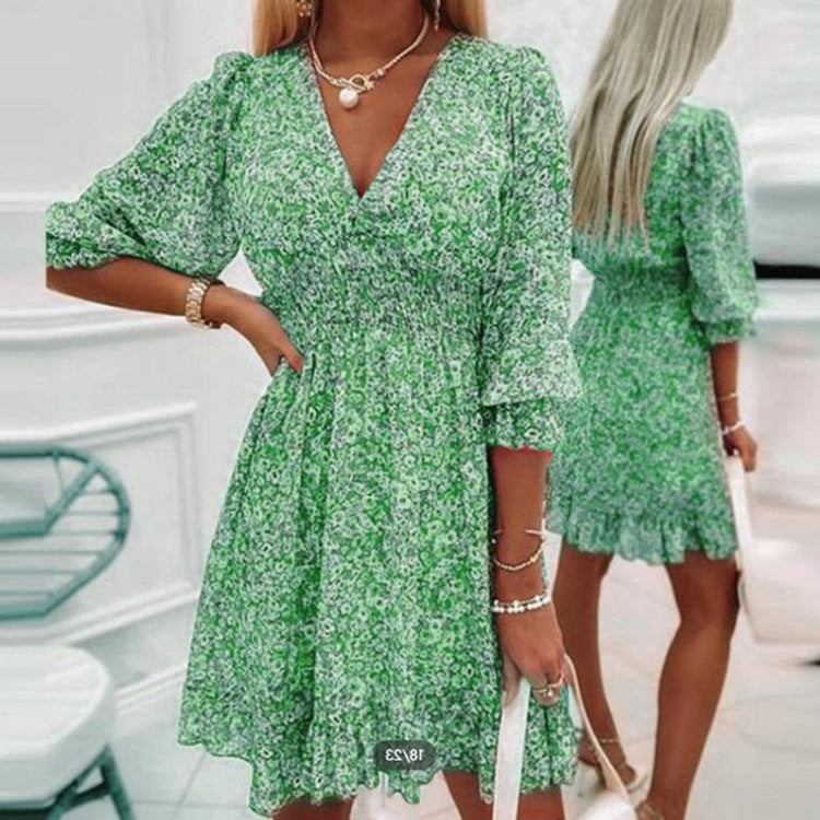 Dress summer  European and American  waist pullover medium and long dress bohemian print short sleeve floral dress women