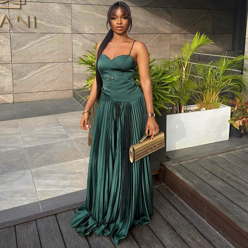 European and american cross-border women's fashion  summer new arrival: elegant green irregular camisole top and pleated midi skirt set