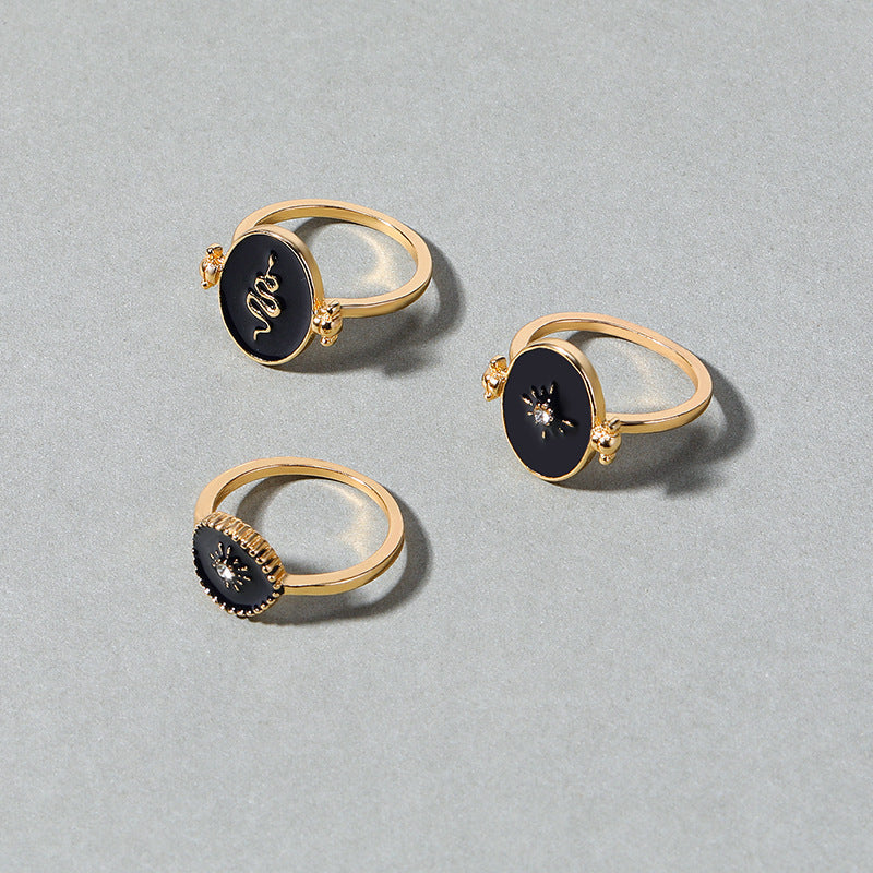 French retro minimalist jewelry round disc diamond starburst sun layered ring set snake electroplated women's rings