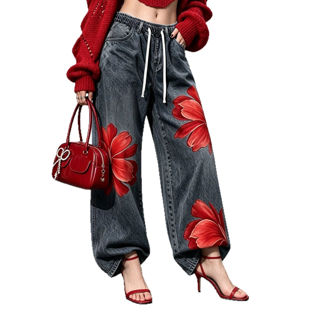 Fashionjeans women's drawstring waist red flower printing distressed gray black wide leg jogger pants cross-border casual women's clothing new arrival