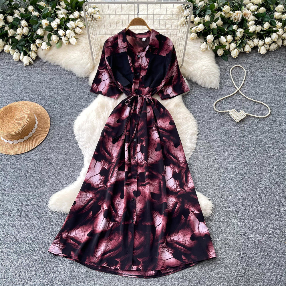 Frenchclassy sense of strap waist printingdress female k-style short-sleeved work clothingv neck a-line elegant long skirt