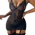 new women's mesh lingerie set - lace trim mesh babydoll with garter clips - wholesale