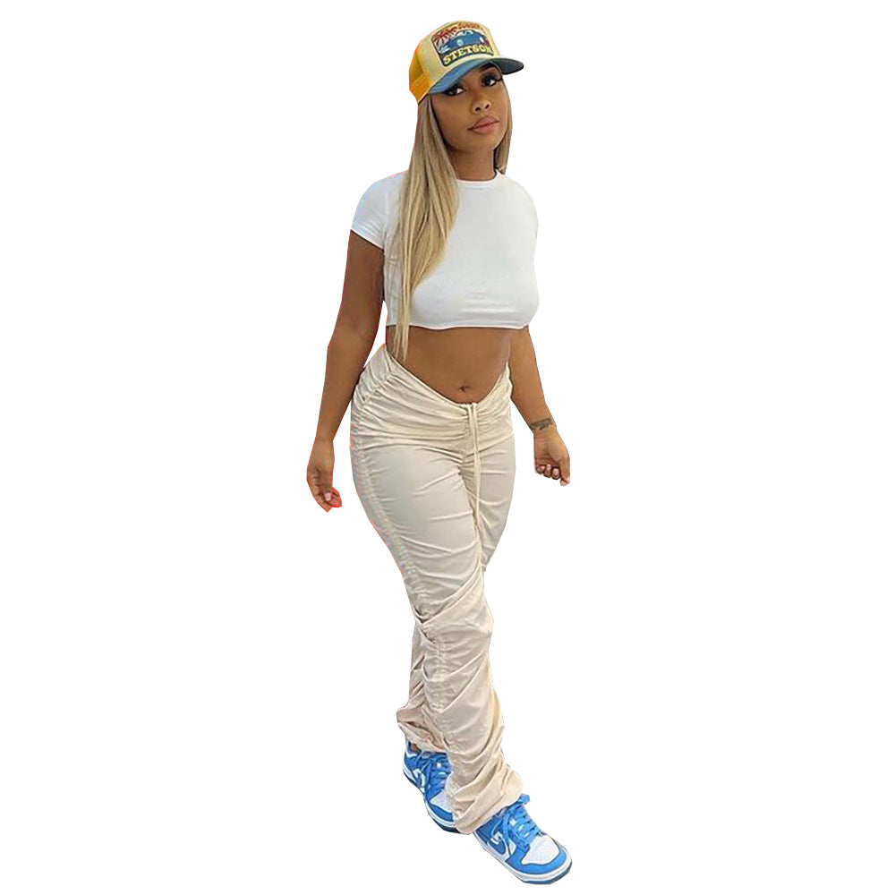 Fashion cross-border   new arrivalpure color elastic fabric pleated drawstring micro-flared sports casual pants
