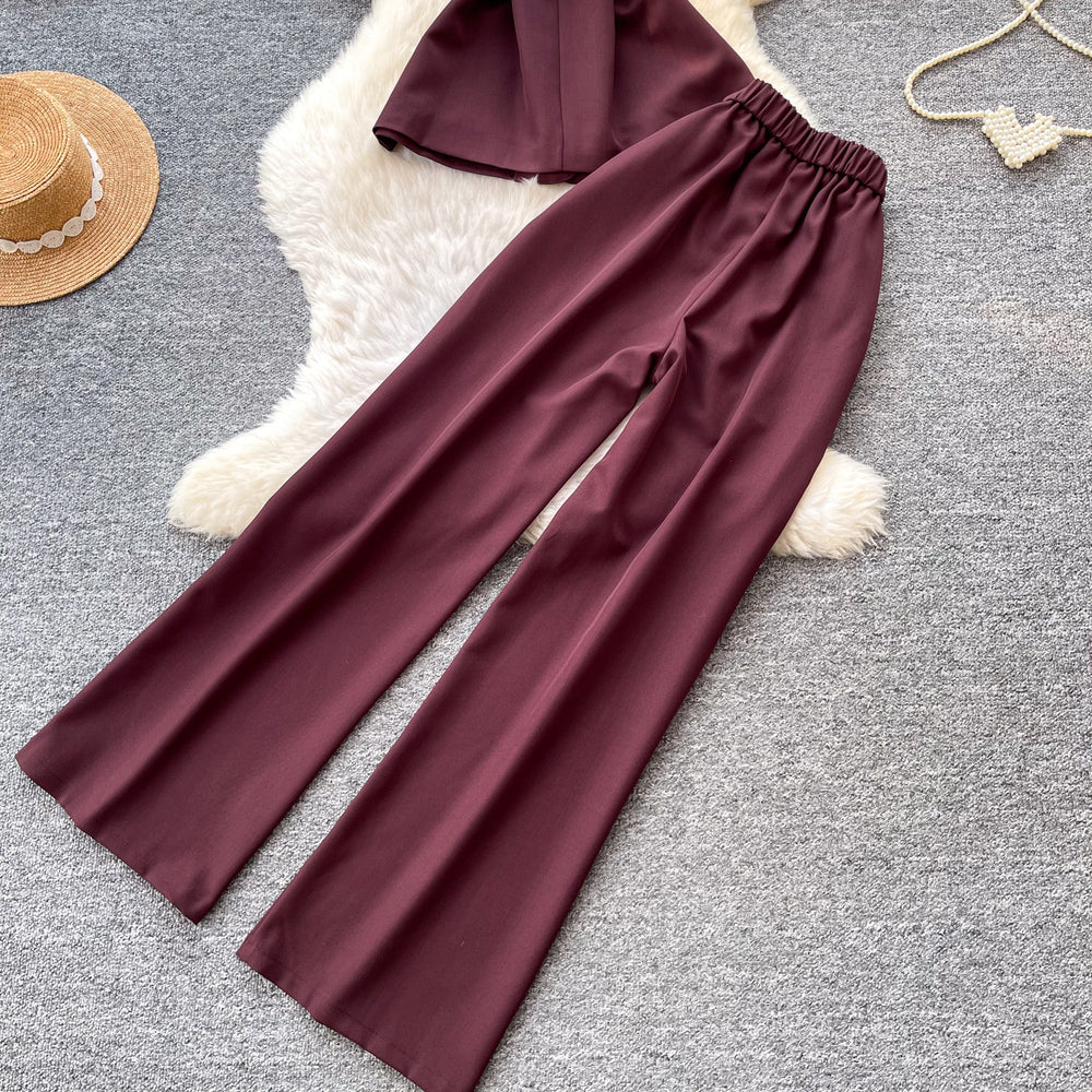 Commute style sleeveless two-piece set for women,  summer collection: high-end tie-waist tank top and high-waisted wide-leg pants set