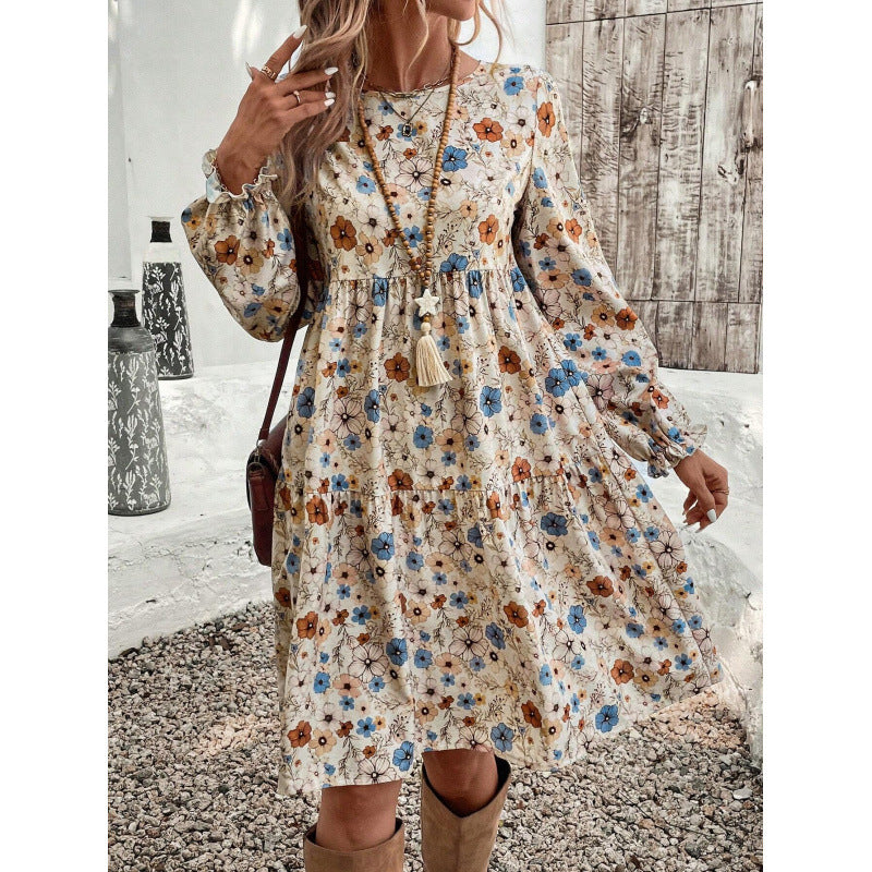 Amazon cross-border fashion:  new european and american style french elegant printed lantern sleeve dress for women