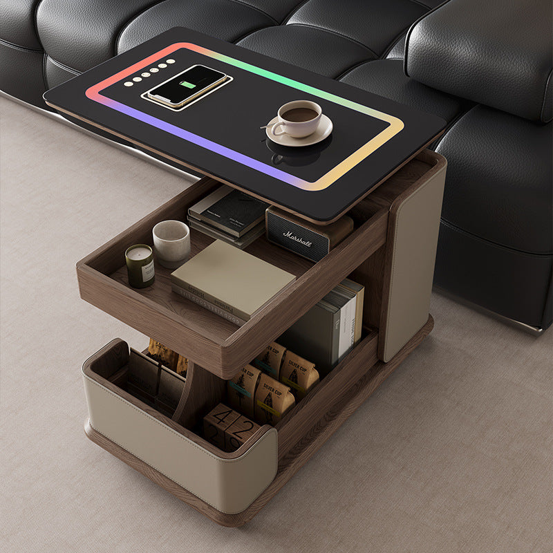 Solid wood smart movable side table trolley tea table for home living room small apartment sofa side cabinet adjustable coffee table slate