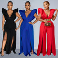 C6805 cross-border   fashion women's solid color sexy v-neck ruched long pants jumpsuit