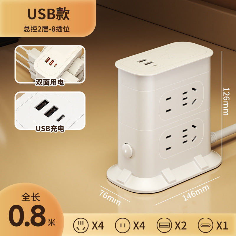 Multi-functional usb power strip socket - dorm room student power strip with long cord, home office desk panel with clock and night light