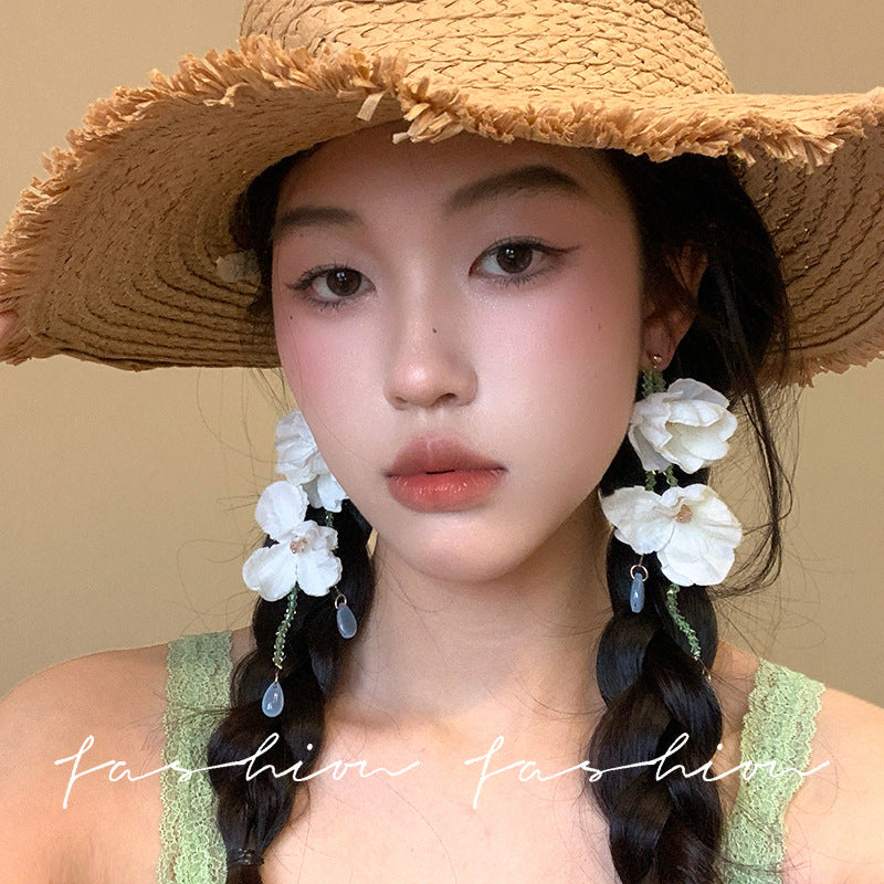 Super fairy white flower beaded tassel earrings for women classy atmosphere exaggerated earrings summer seaside photo accessories