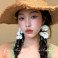 Super fairy white flower beaded tassel earrings for women classy atmosphere exaggerated earrings summer seaside photo accessories