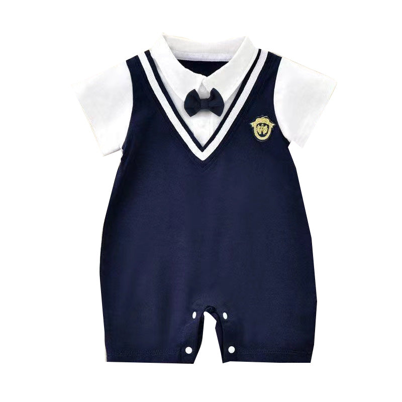 Infant and toddler boys' summer first birthday faux two-piece bow tie romper, stylish preppy gentleman short-sleeve onesie